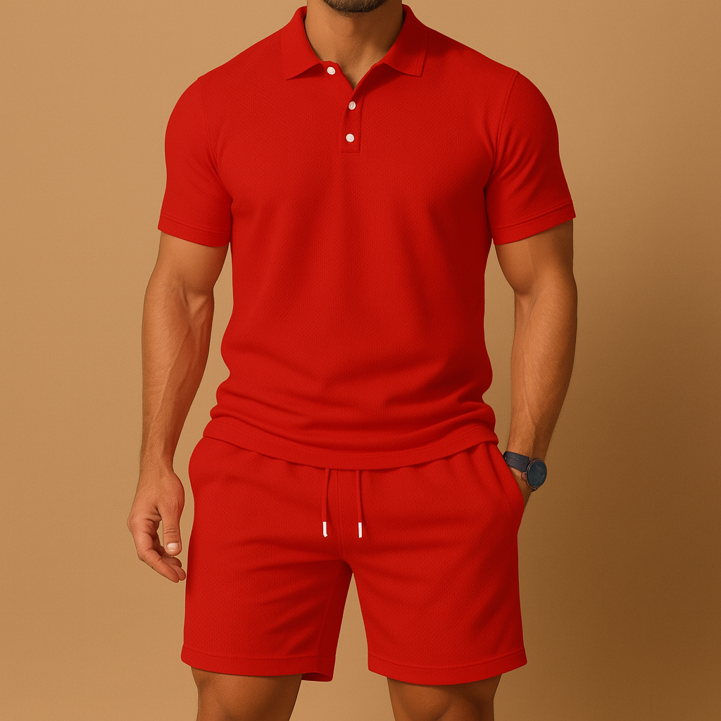 Men’s two-piece polo summer set with solid color and drawstring detail, perfect for golf, beach days, or relaxed summer wear.