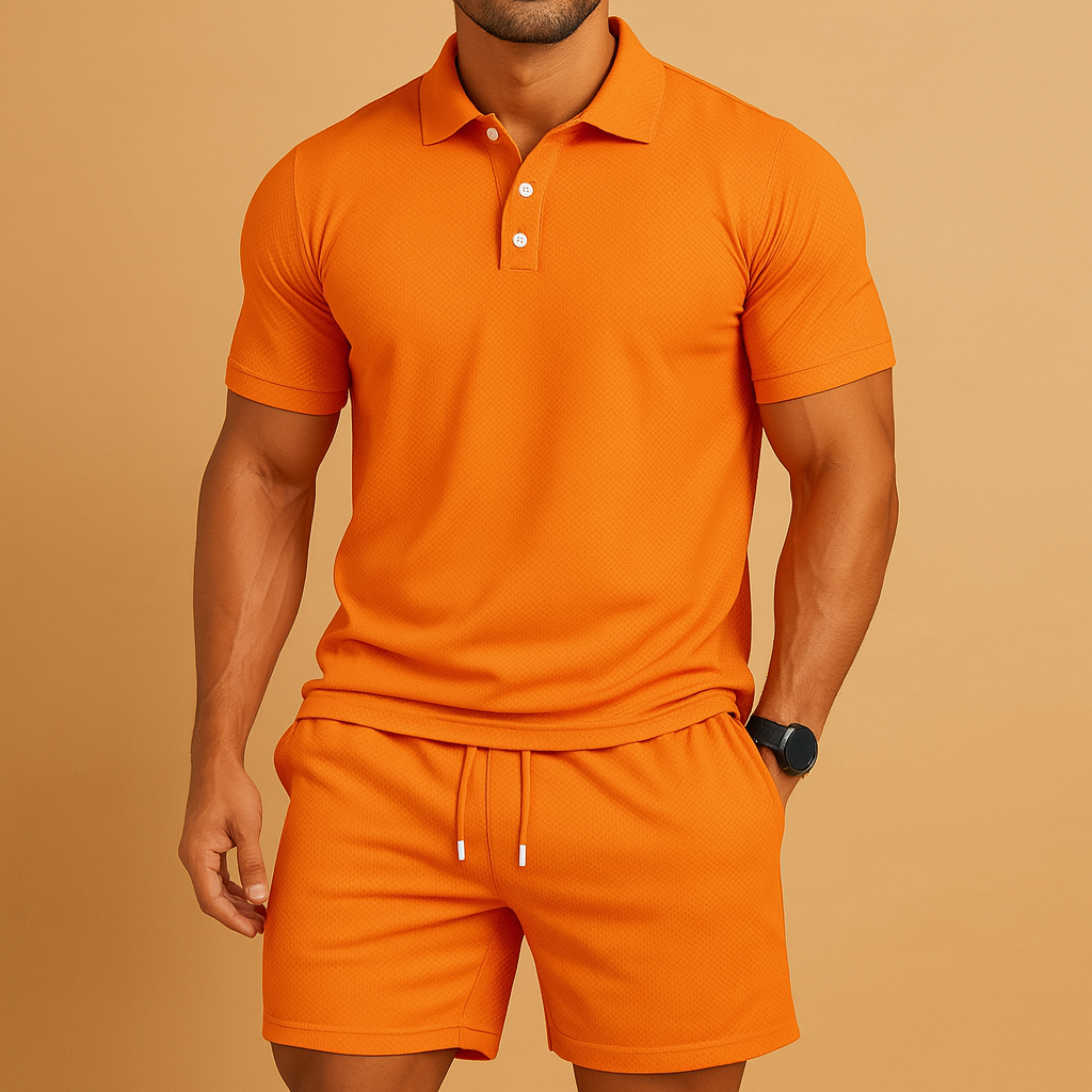Men’s two-piece polo summer set with solid color and drawstring detail, perfect for golf, beach days, or relaxed summer wear.