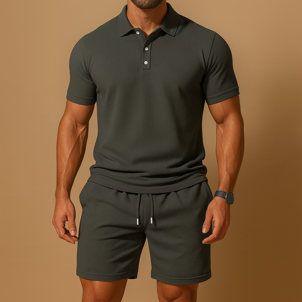 Men’s two-piece polo summer set with solid color and drawstring detail, perfect for golf, beach days, or relaxed summer wear.