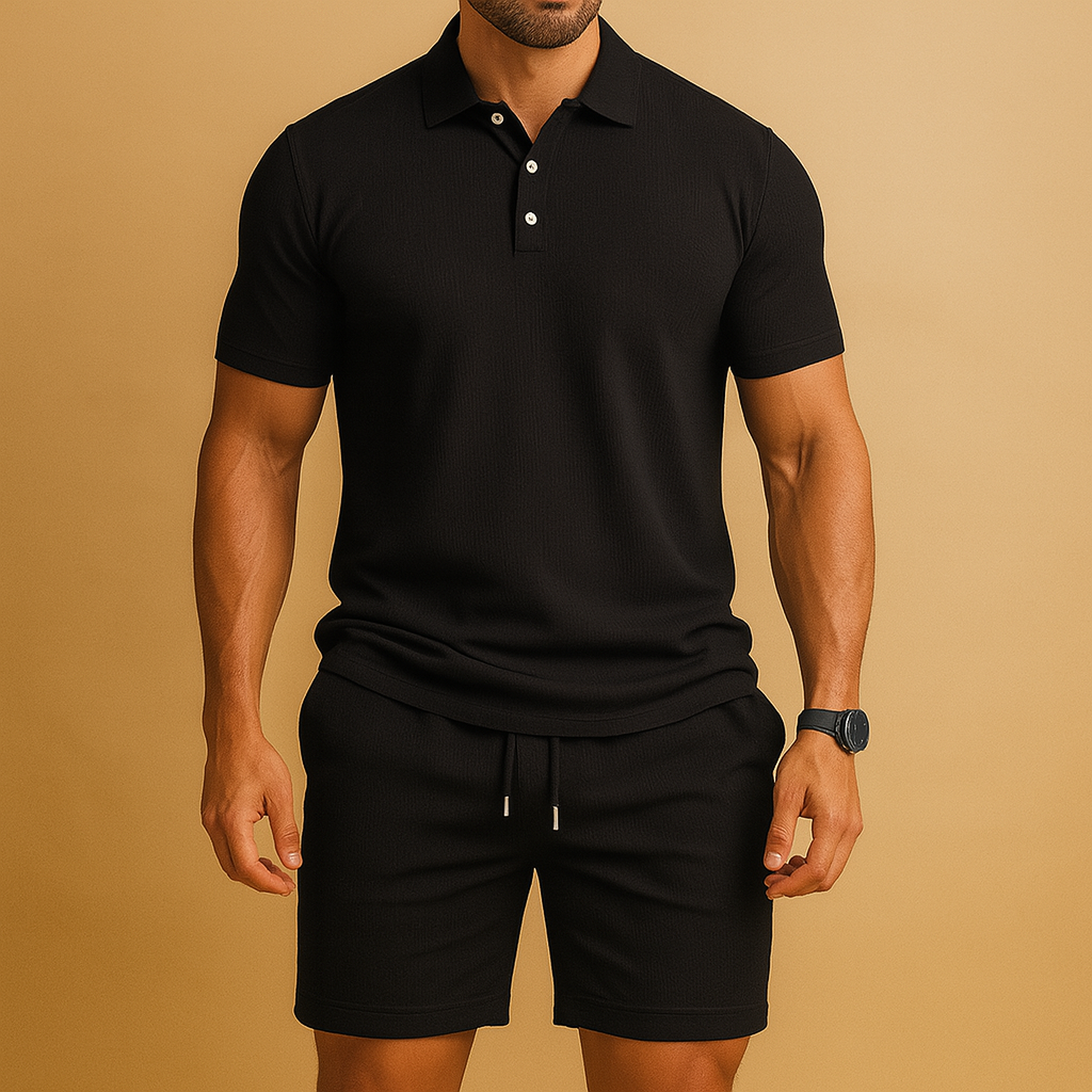 Men’s two-piece polo summer set with solid color and drawstring detail, perfect for golf, beach days, or relaxed summer wear.
