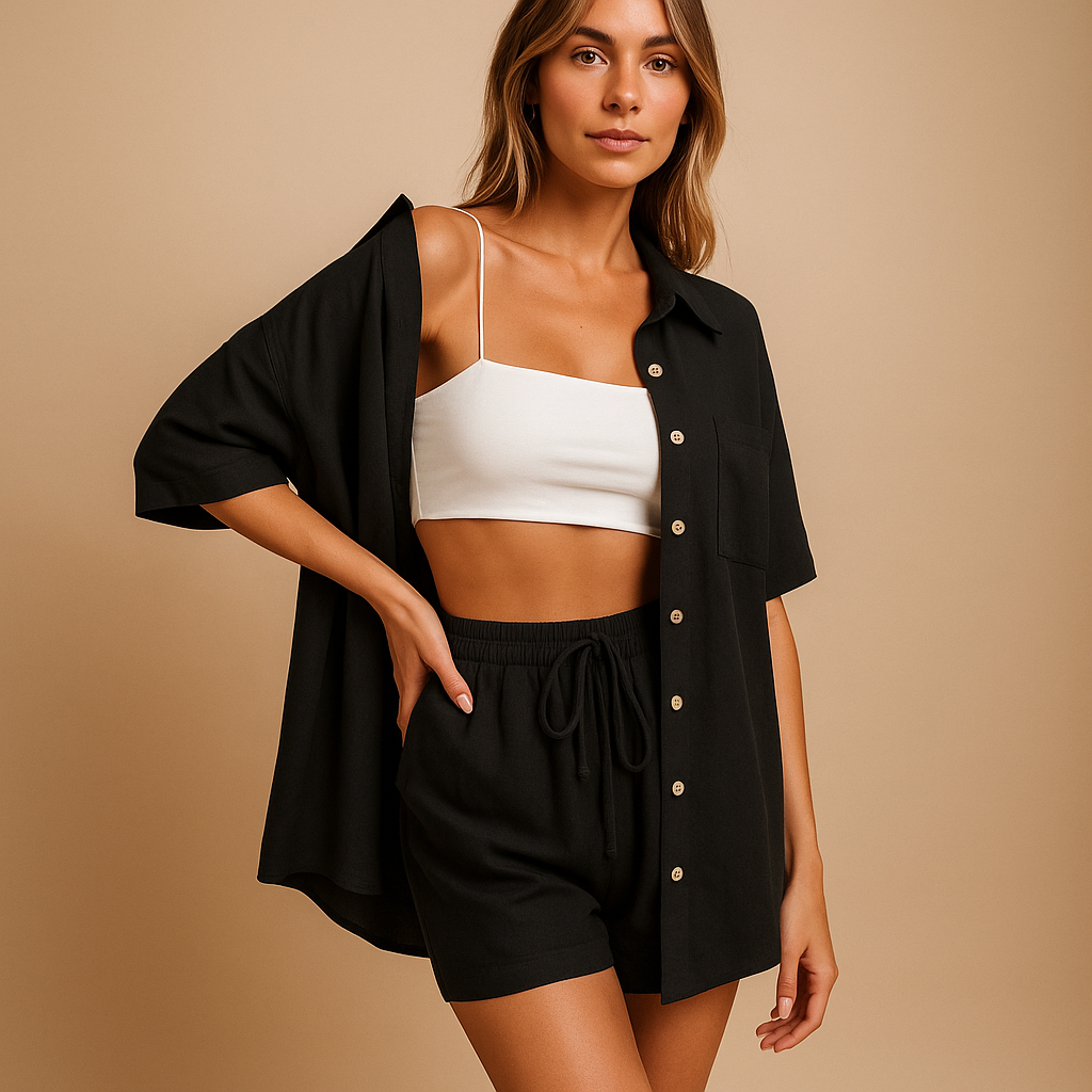 Women’s two-piece summer set with half-length cardigan and drawstring shorts, perfect for beach days, lounging, or casual wear.
