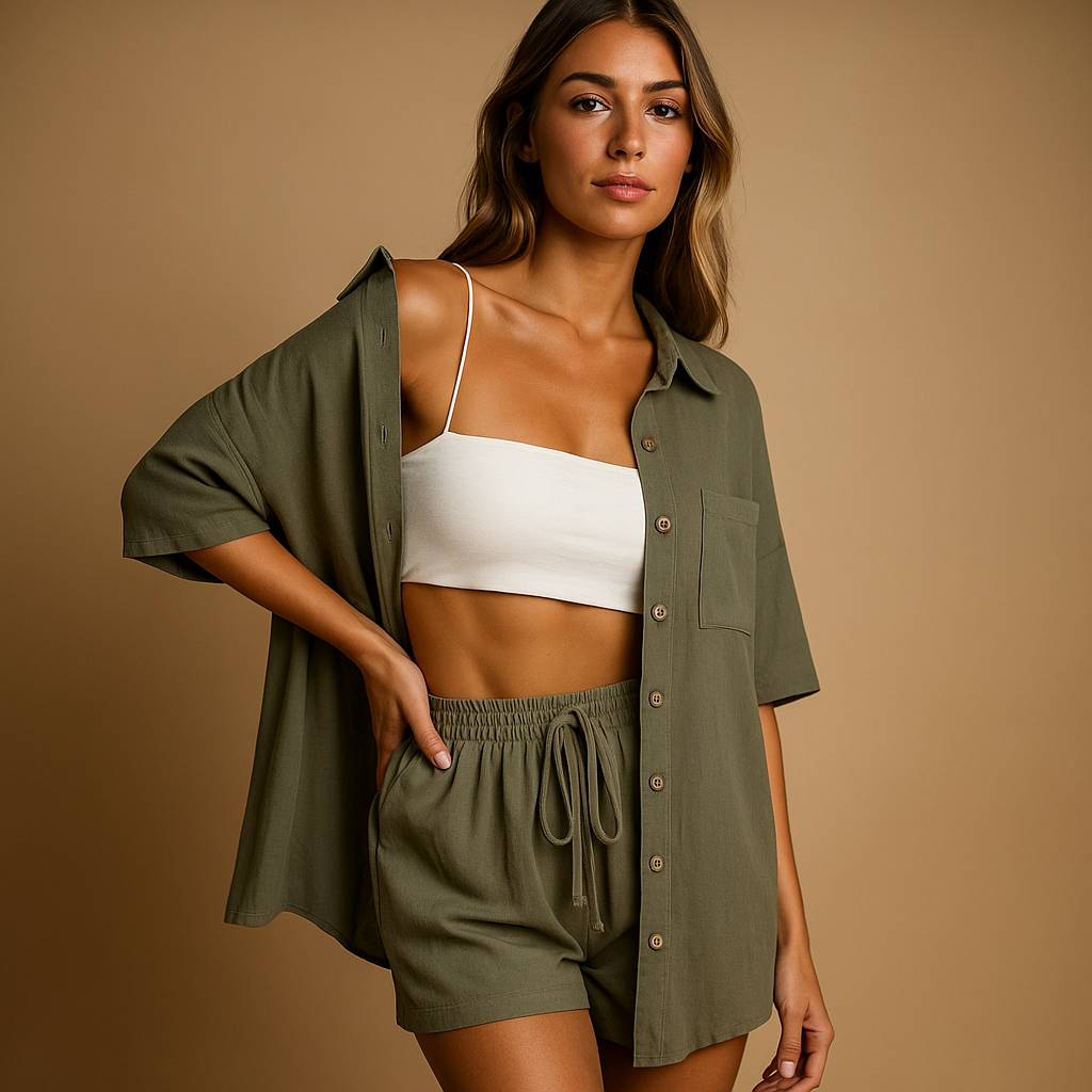 Women’s two-piece summer set with half-length cardigan and drawstring shorts, perfect for beach days, lounging, or casual wear.