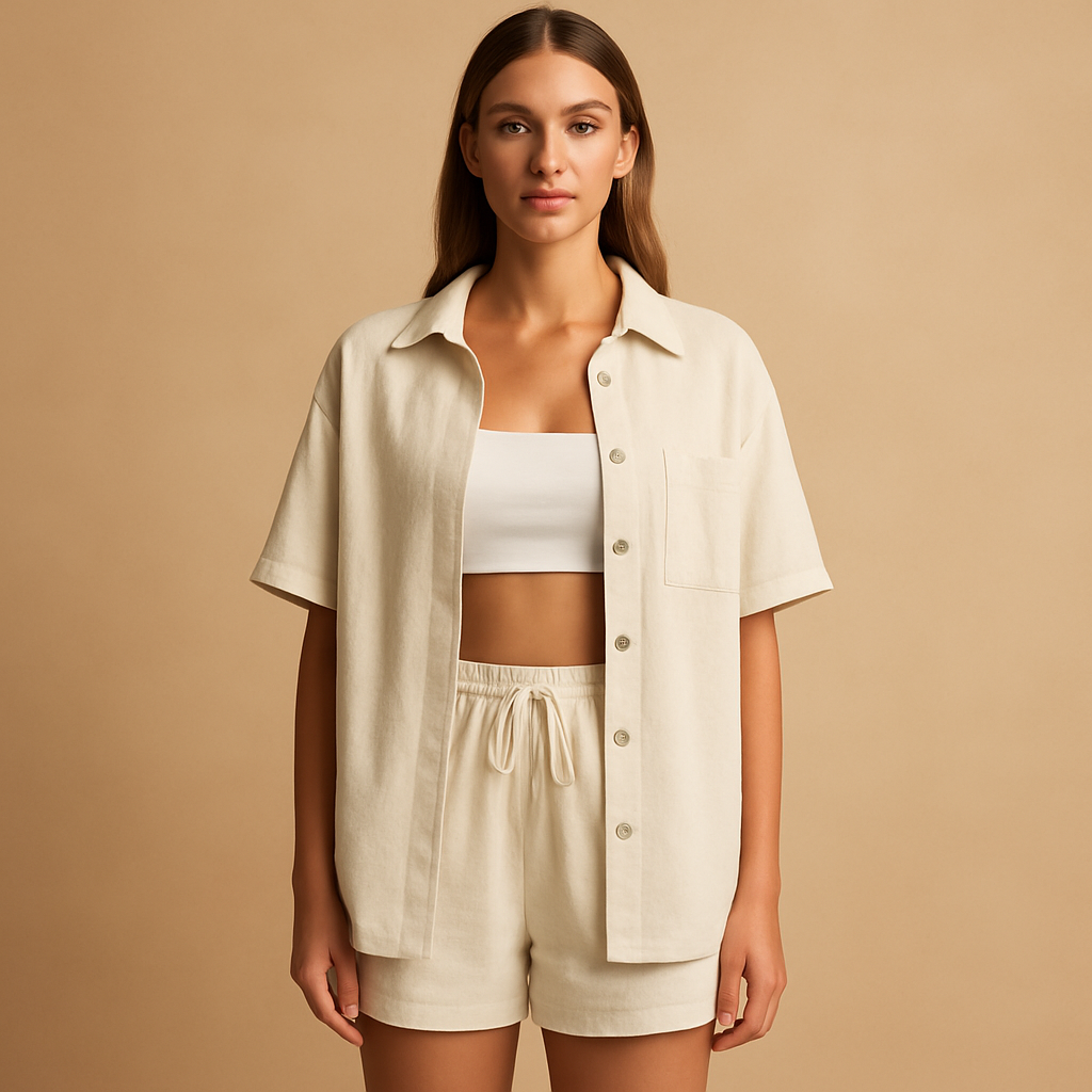 Women’s two-piece summer set with half-length cardigan and drawstring shorts, perfect for beach days, lounging, or casual wear.