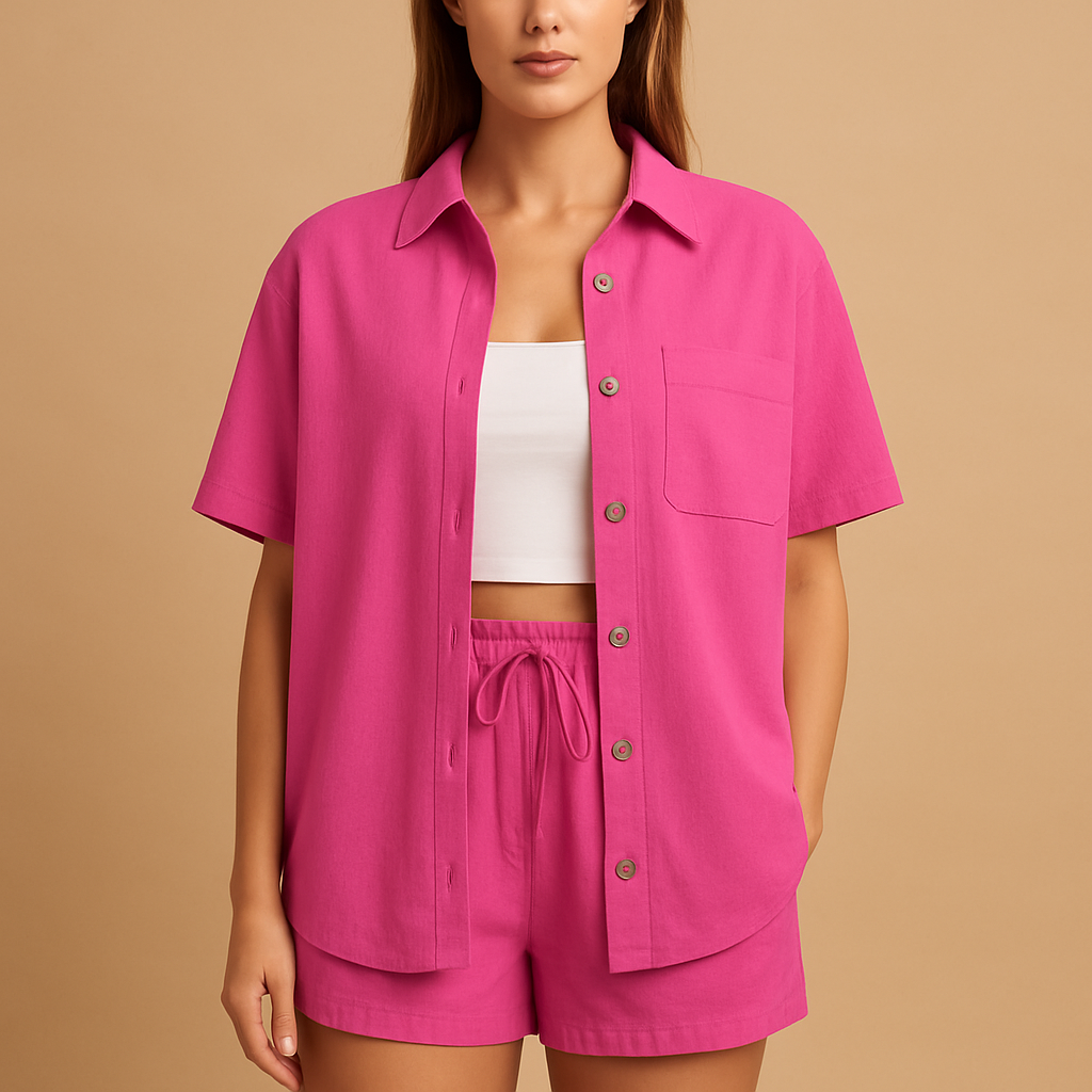 Women’s two-piece summer set with half-length cardigan and drawstring shorts, perfect for beach days, lounging, or casual wear.