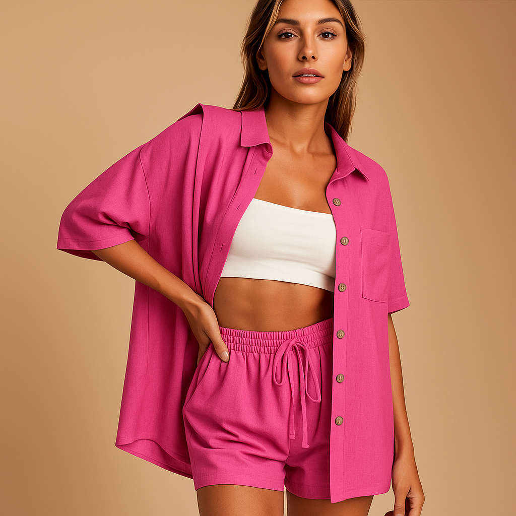 Women’s two-piece summer set with half-length cardigan and drawstring shorts, perfect for beach days, lounging, or casual wear.