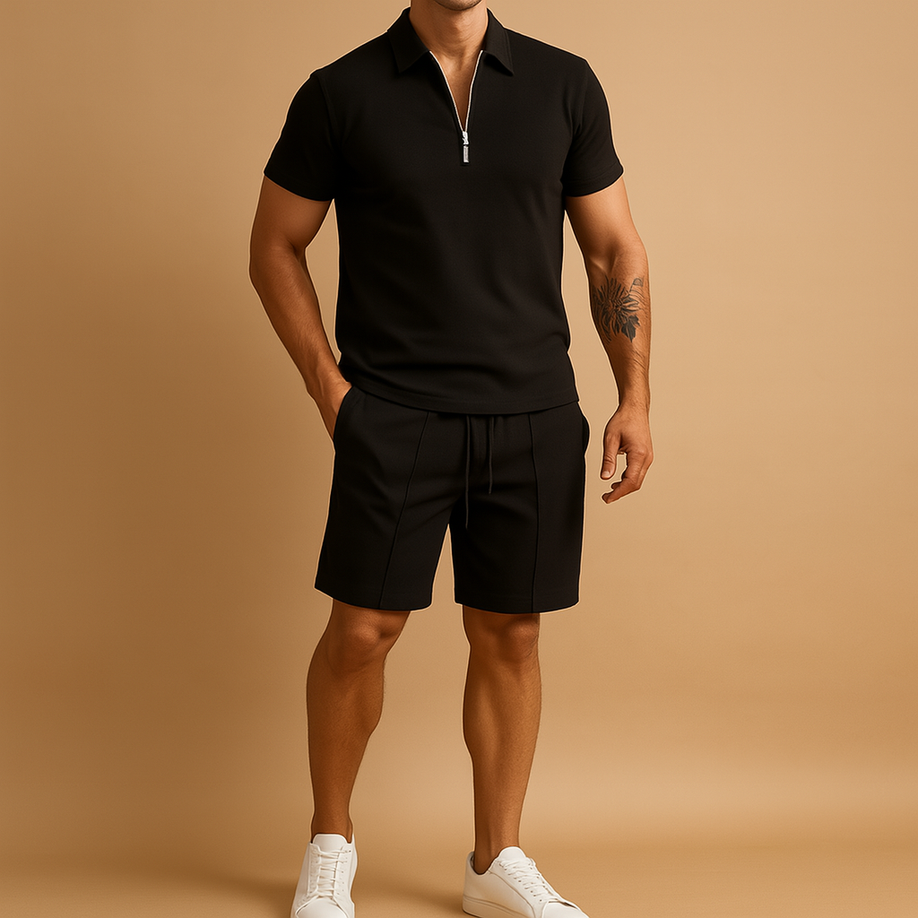 Men’s two-piece summer set with matching polo shirt and shorts, perfect for vacations, casual dinners, and warm summer days.