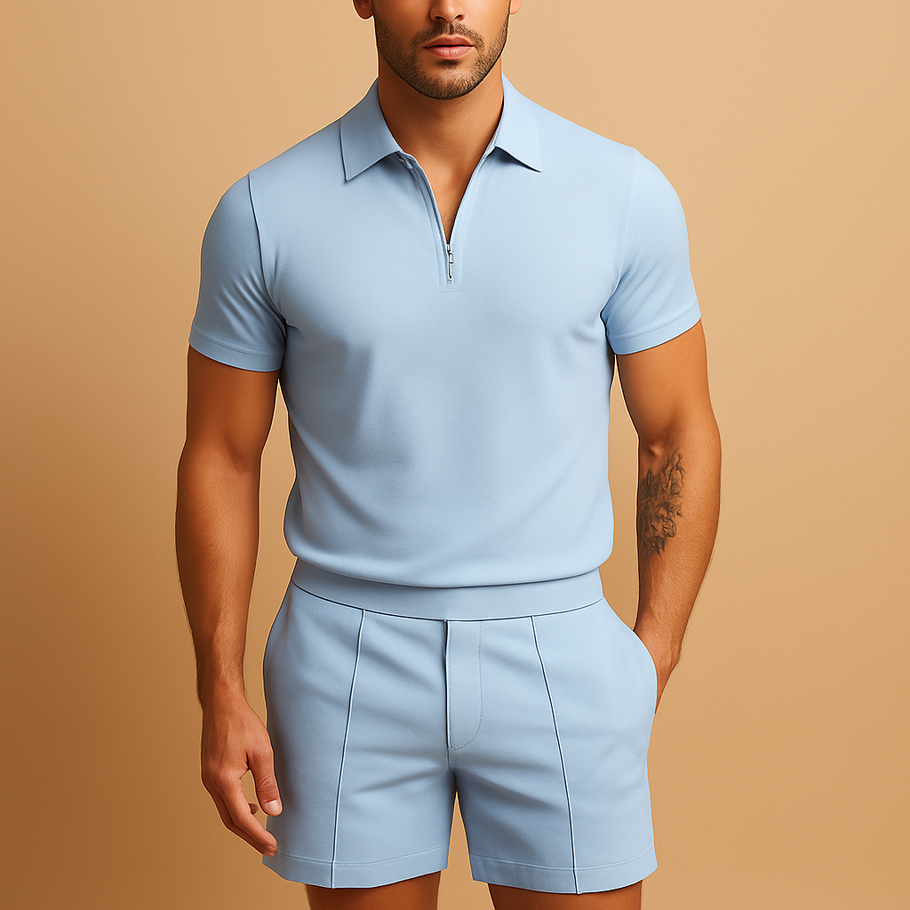 Men’s two-piece summer set with matching polo shirt and shorts, perfect for vacations, casual dinners, and warm summer days.