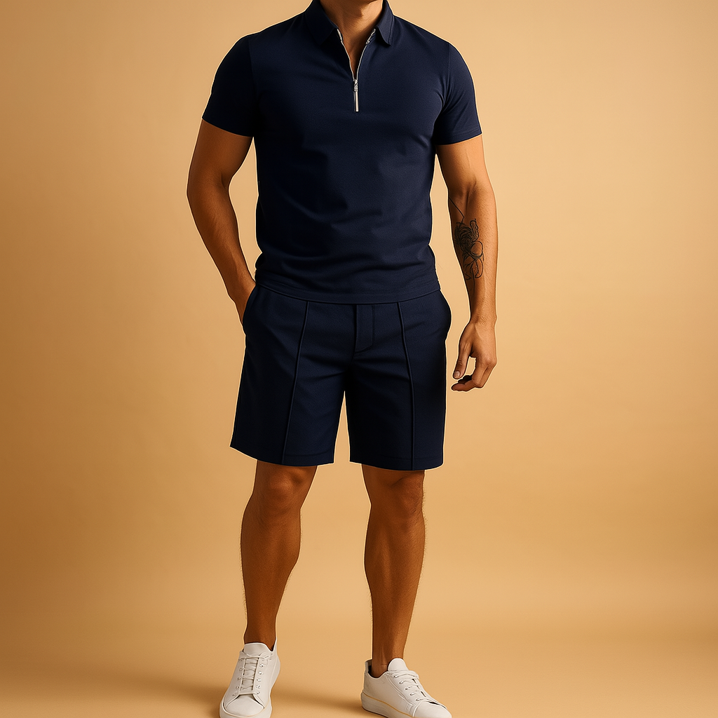 Men’s two-piece summer set with matching polo shirt and shorts, perfect for vacations, casual dinners, and warm summer days.