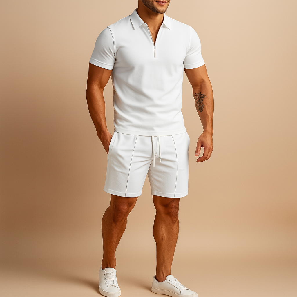 Men’s two-piece summer set with matching polo shirt and shorts, perfect for vacations, casual dinners, and warm summer days.