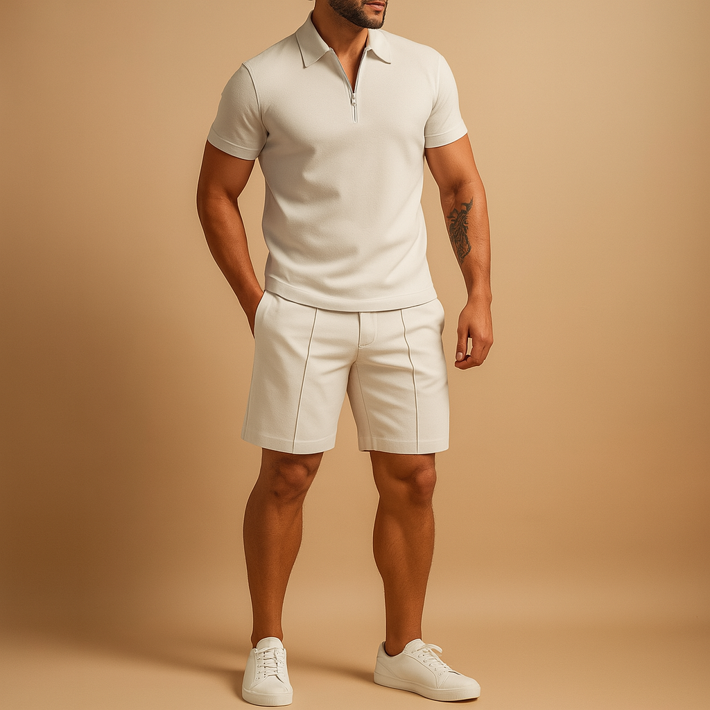 Men’s two-piece summer set with matching polo shirt and shorts, perfect for vacations, casual dinners, and warm summer days.