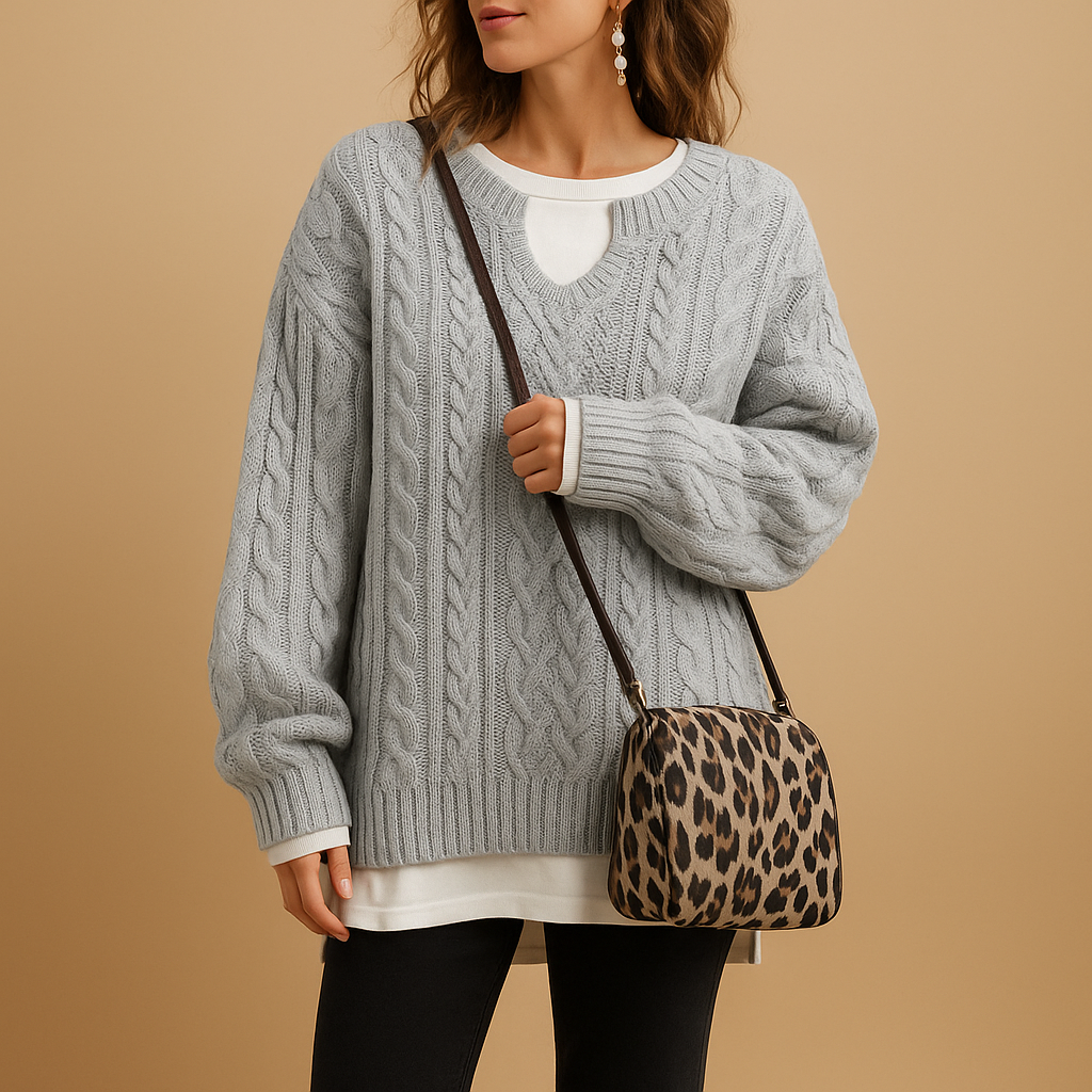 V-neck cotton knit sweater for women with relaxed fit and feminine silhouette, perfect for office outfits, casual weekends, and seasonal style.