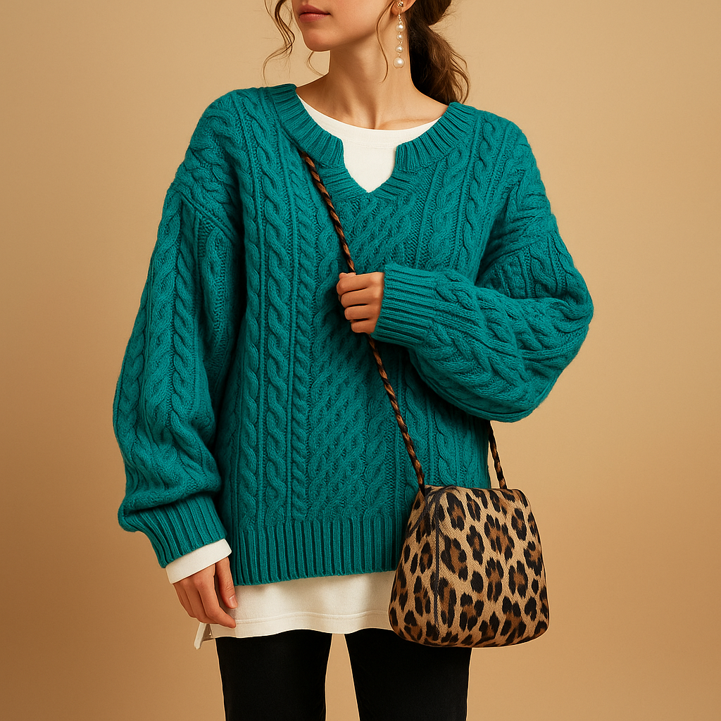 V-neck cotton knit sweater for women with relaxed fit and feminine silhouette, perfect for office outfits, casual weekends, and seasonal style.
