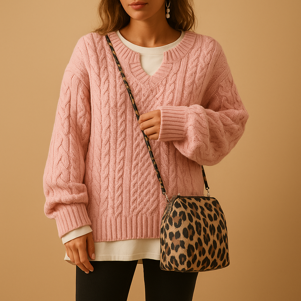 V-neck cotton knit sweater for women with relaxed fit and feminine silhouette, perfect for office outfits, casual weekends, and seasonal style.