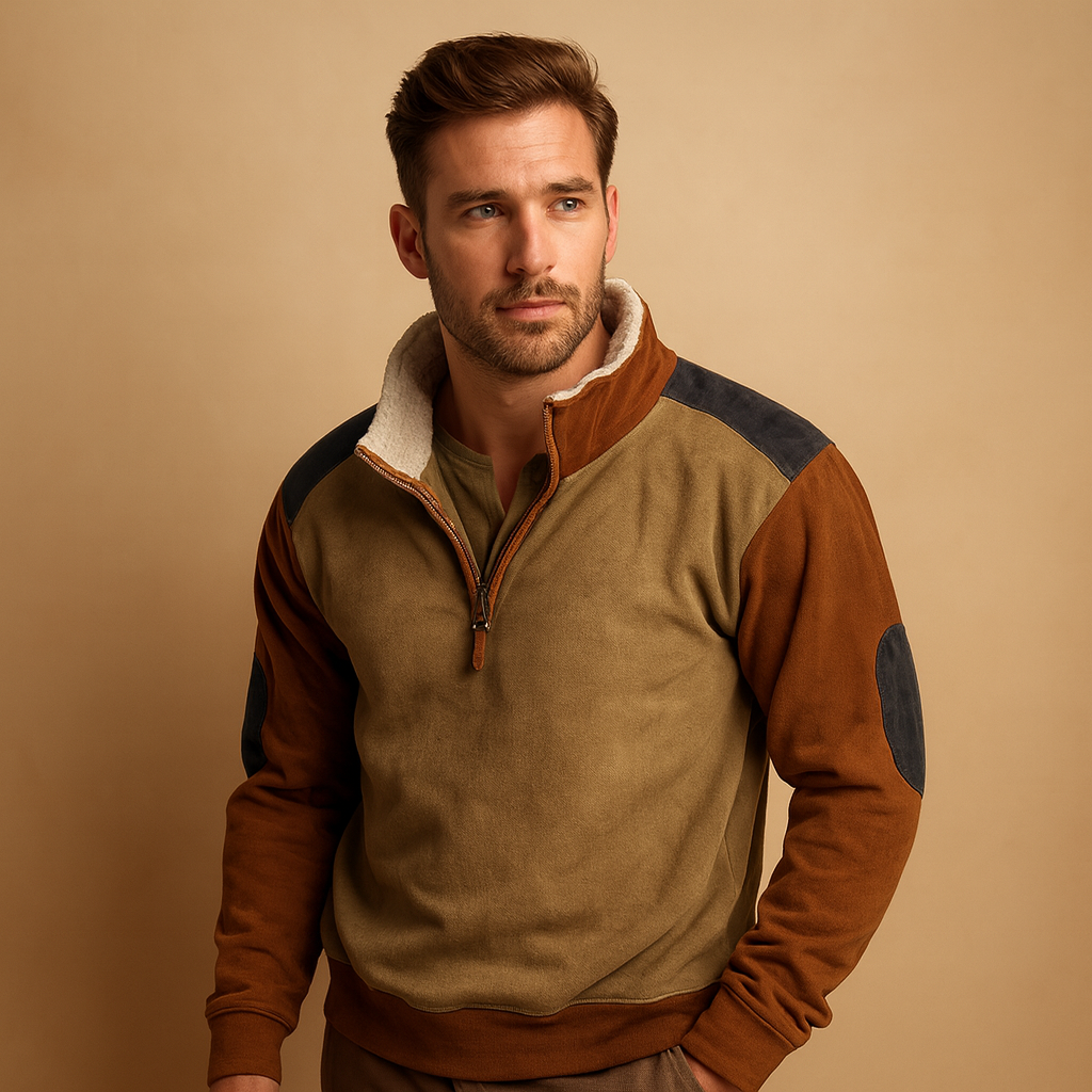 Vintage half-zip sweater for men with contrast shoulder panels and adjustable collar, offering a timeless look perfect for autumn and winter wear.