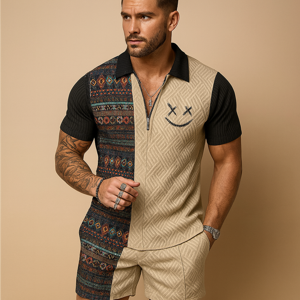 Men’s two-piece summer set with vintage printed polo and shorts, ideal for holidays, poolside days, or relaxed summer outfits.