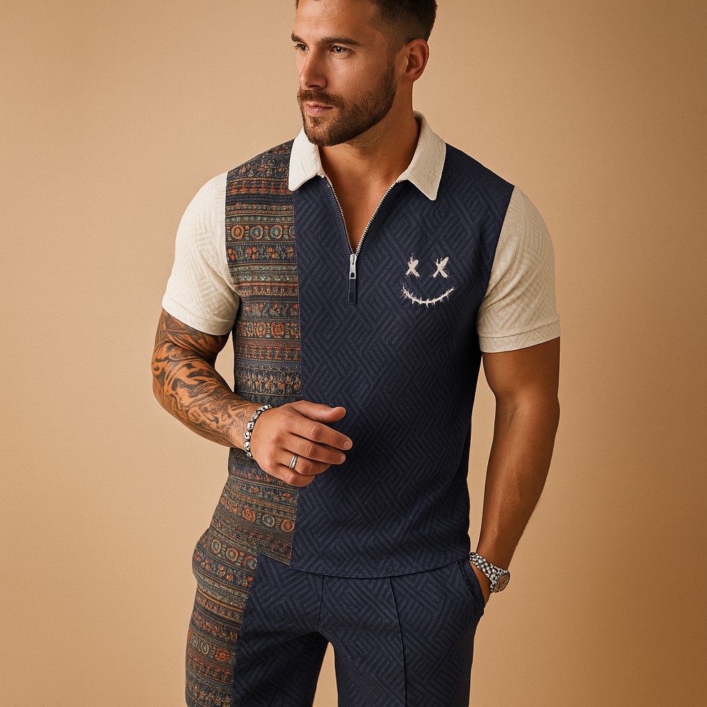 Men’s two-piece summer set with vintage printed polo and shorts, ideal for holidays, poolside days, or relaxed summer outfits.