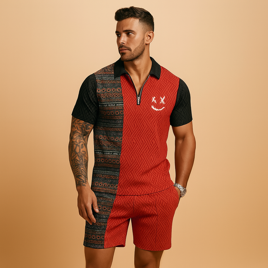 Men’s two-piece summer set with vintage printed polo and shorts, ideal for holidays, poolside days, or relaxed summer outfits.