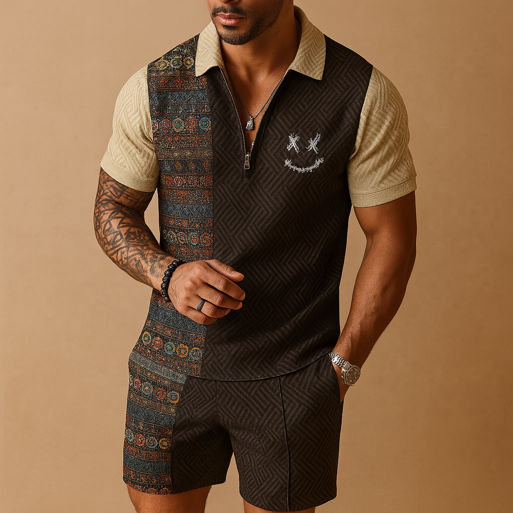 Men’s two-piece summer set with vintage printed polo and shorts, ideal for holidays, poolside days, or relaxed summer outfits.