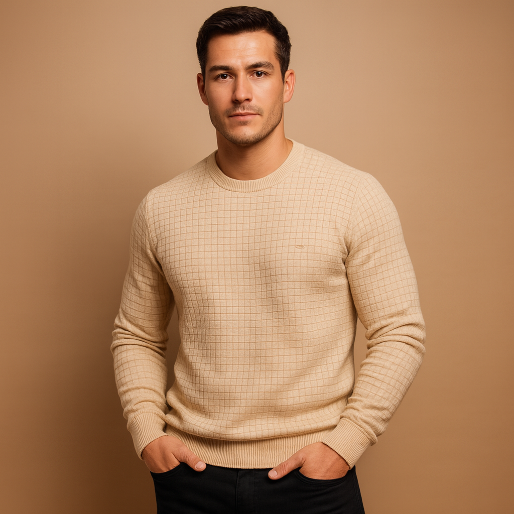 Men’s warm crew neck sweater made from soft knitted fabric with a relaxed fit, ideal for autumn and winter everyday wear.