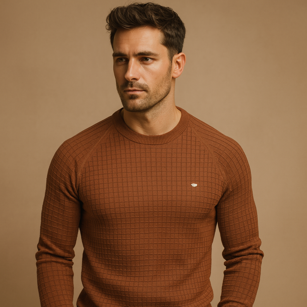 Men’s warm crew neck sweater made from soft knitted fabric with a relaxed fit, ideal for autumn and winter everyday wear.
