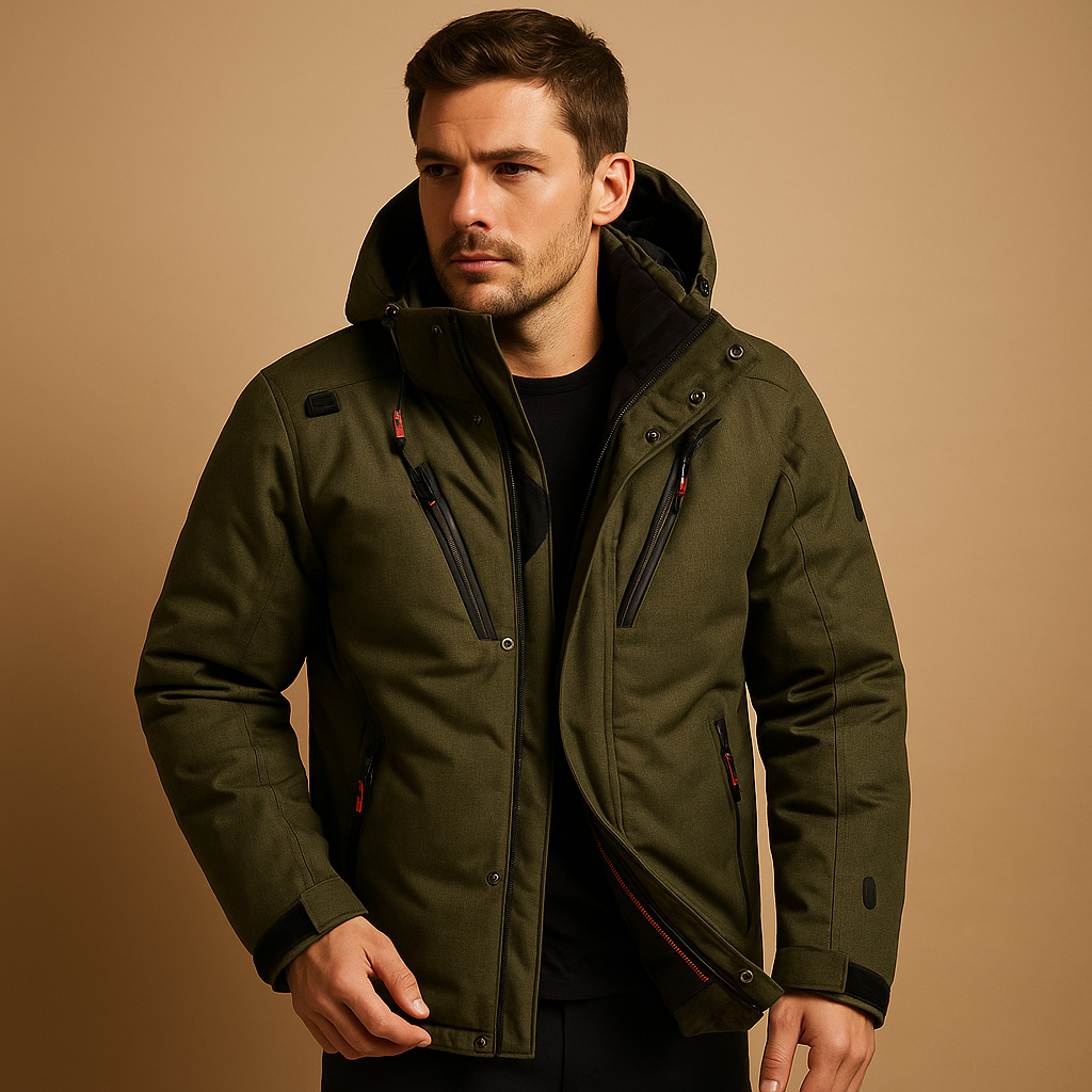 Men’s down parka with removable hood and 90% insulation, offering warmth and comfort for cold winter days and outdoor use.