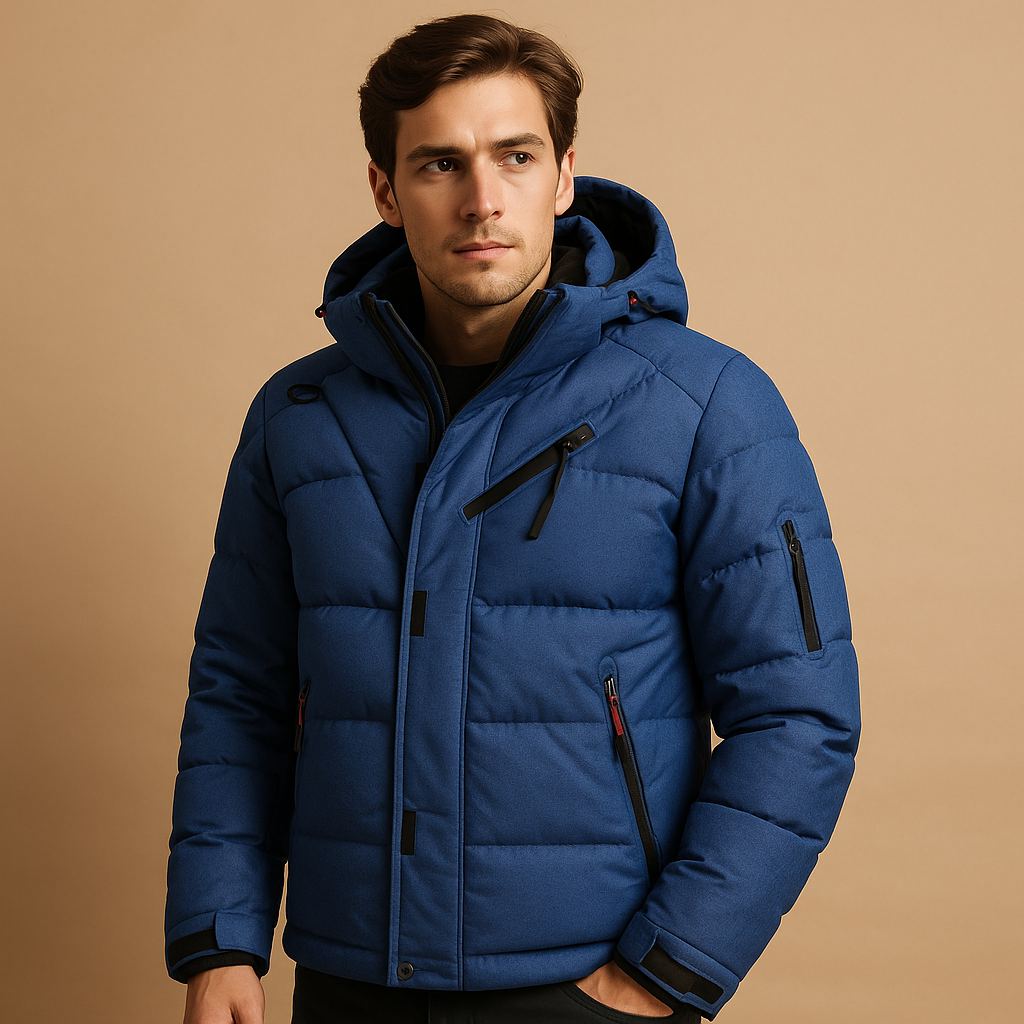 Men’s down parka with removable hood and 90% insulation, offering warmth and comfort for cold winter days and outdoor use.