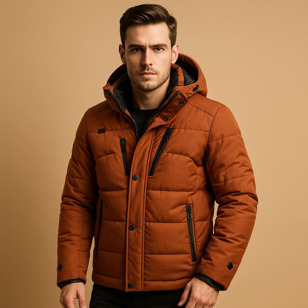 Men’s down parka with removable hood and 90% insulation, offering warmth and comfort for cold winter days and outdoor use.