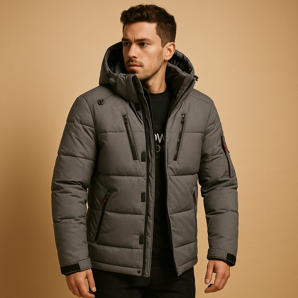 Men’s down parka with removable hood and 90% insulation, offering warmth and comfort for cold winter days and outdoor use.