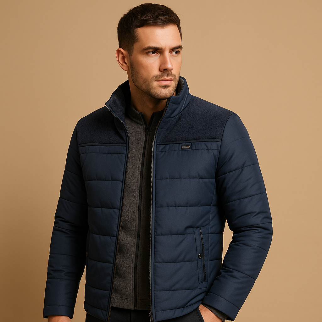Men’s warm fleece jacket with high collar, soft inner lining, and zip pockets, ideal for daily wear, travel, and outdoor use.
