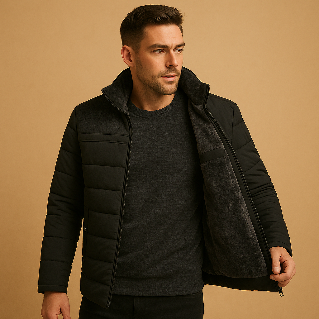 Men’s warm fleece jacket with high collar, soft inner lining, and zip pockets, ideal for daily wear, travel, and outdoor use.