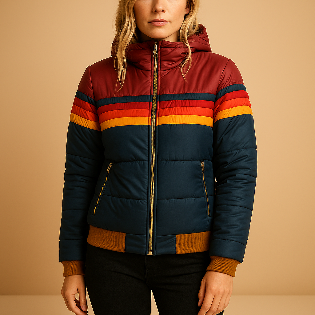Women’s warm hooded winter coat with insulating lining and flattering fit, suitable for work, travel, festive occasions, and everyday winter wear.