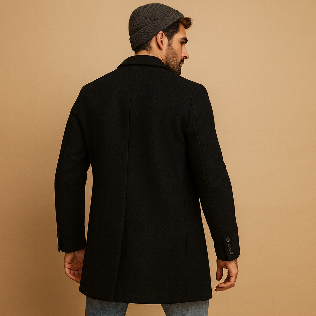 Warm overcoat for men with relaxed fit and elegant design, ideal for autumn and winter, perfect for formal or everyday wear.