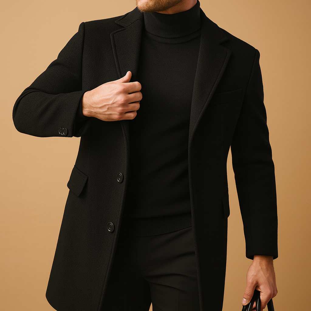 Warm overcoat for men with relaxed fit and elegant design, ideal for autumn and winter, perfect for formal or everyday wear.