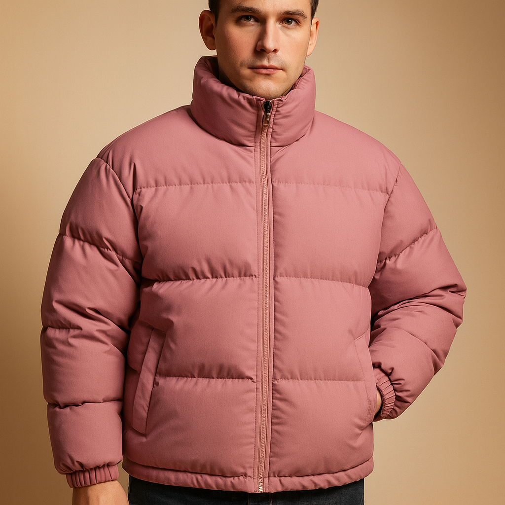 Men’s warm winter jacket with high collar and regular fit, featuring premium insulation and a sleek silhouette for cold weather wear.