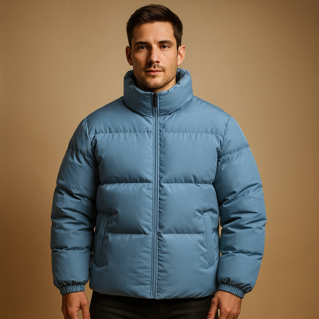 Men’s warm winter jacket with high collar and regular fit, featuring premium insulation and a sleek silhouette for cold weather wear.