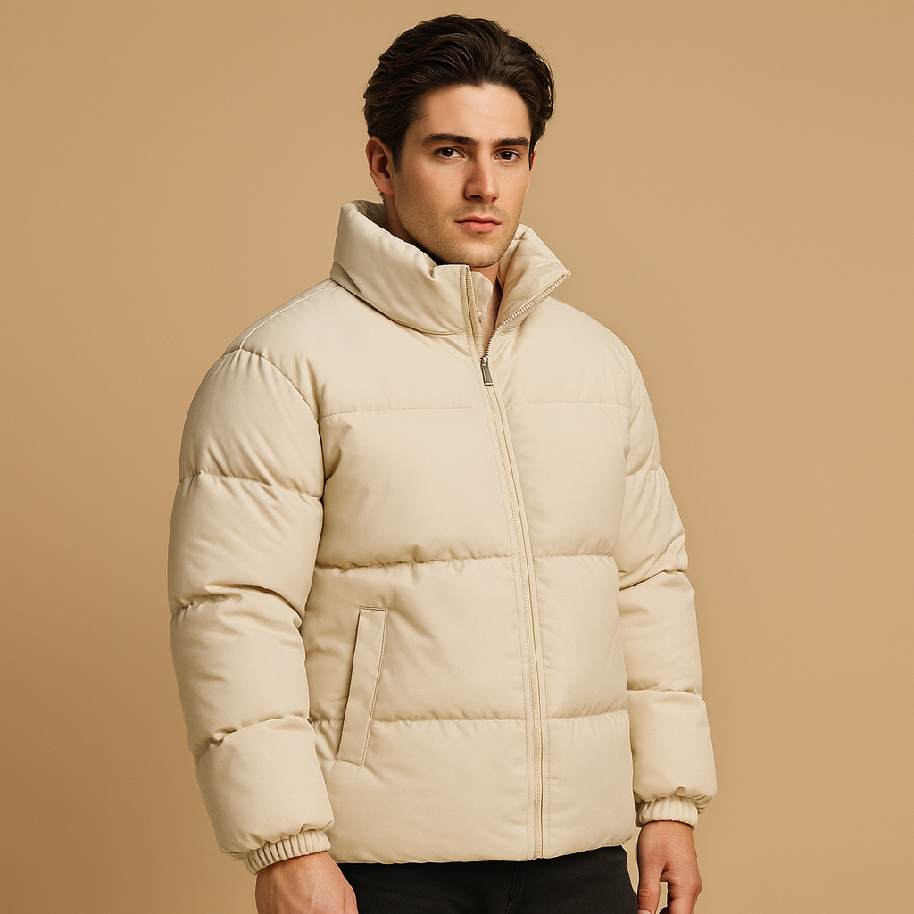 Men’s warm winter jacket with high collar and regular fit, featuring premium insulation and a sleek silhouette for cold weather wear.