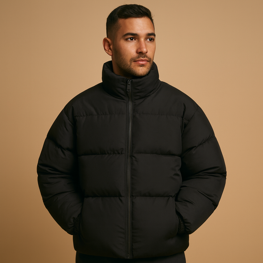 Men’s warm winter jacket with high collar and regular fit, featuring premium insulation and a sleek silhouette for cold weather wear.