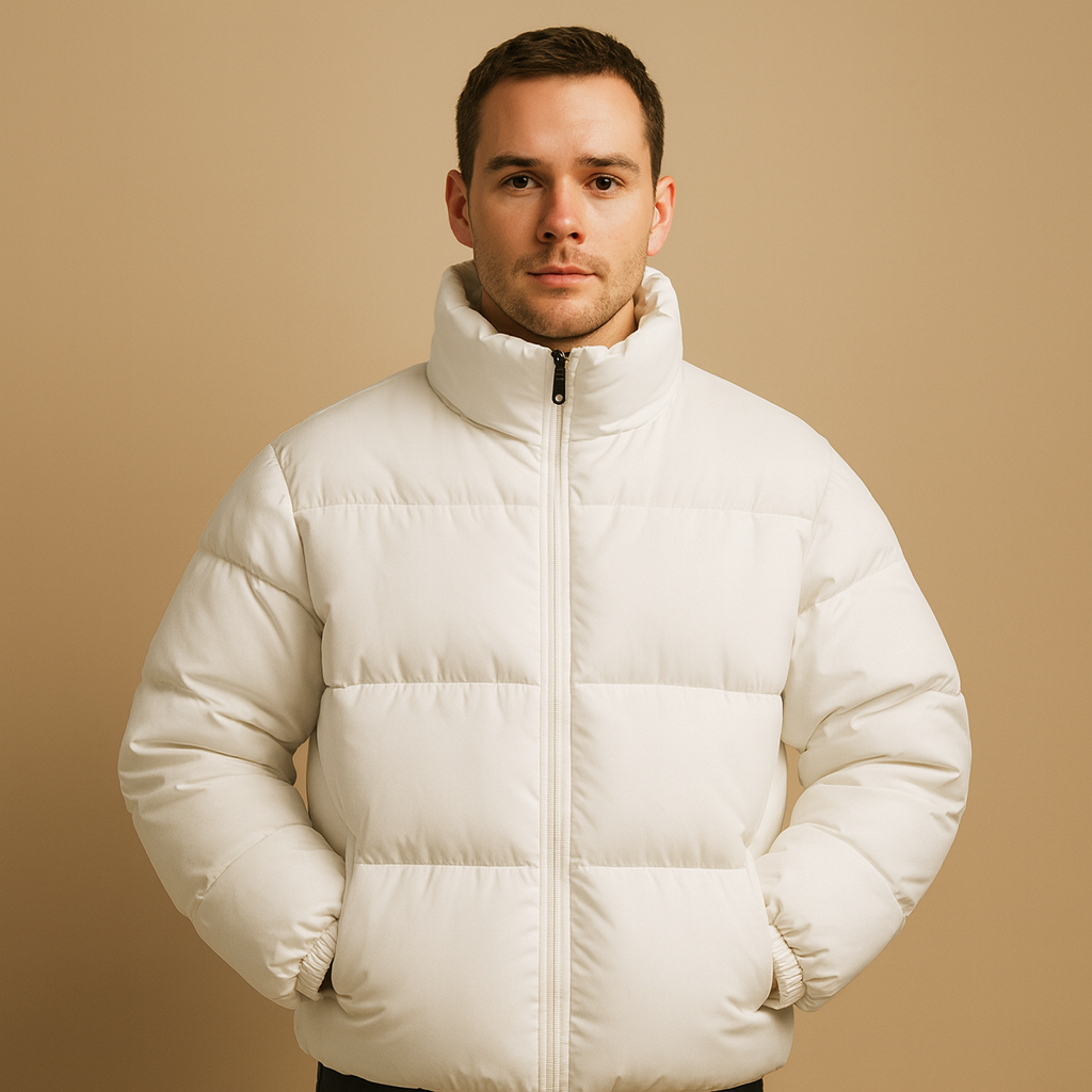 Warm winter jacket for men with high collar, regular fit, and premium insulation, perfect for cold days and stylish winter wear.