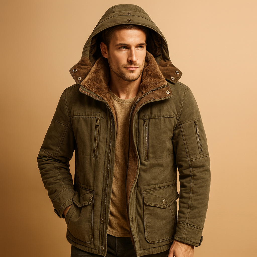 Men’s warm winter jacket with hood and thick lining, offering comfort and protection for cold and rainy winter days.