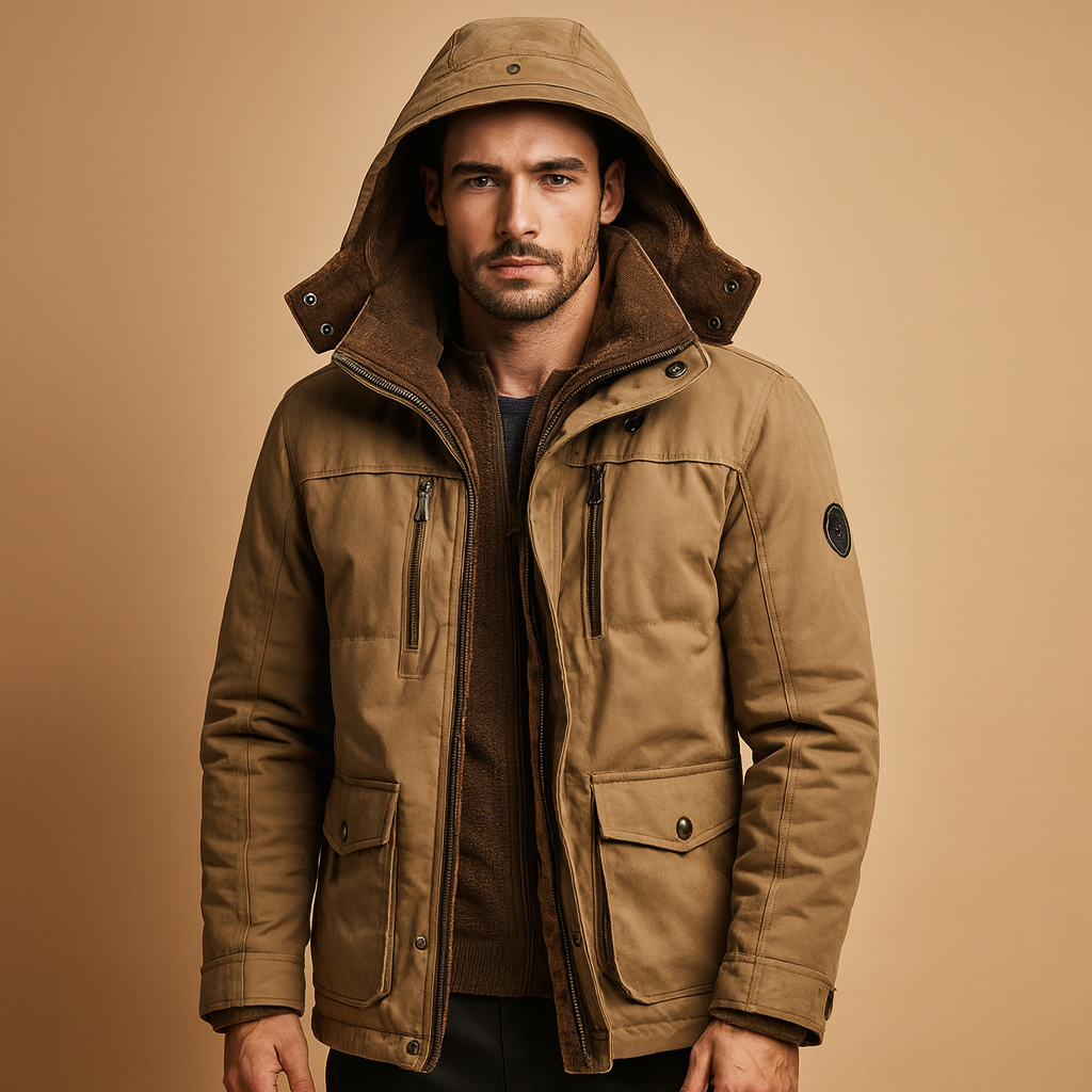 Men’s warm winter jacket with hood and thick lining, offering comfort and protection for cold and rainy winter days.