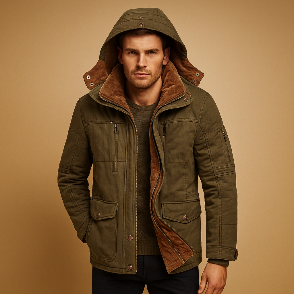 Men’s warm winter jacket with hood and thick lining, offering comfort and protection for cold and rainy winter days.