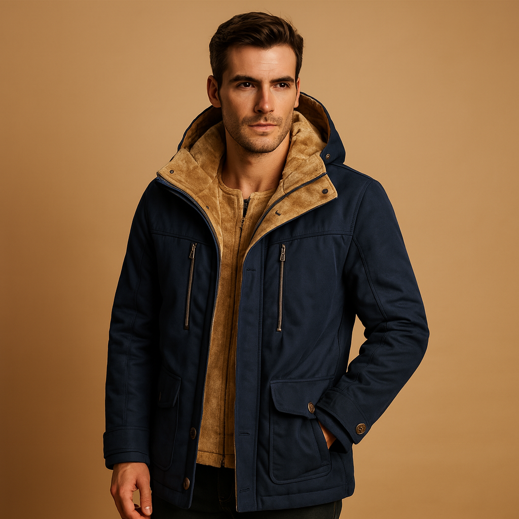 Men’s warm winter jacket with hood and thick lining, offering comfort and protection for cold and rainy winter days.