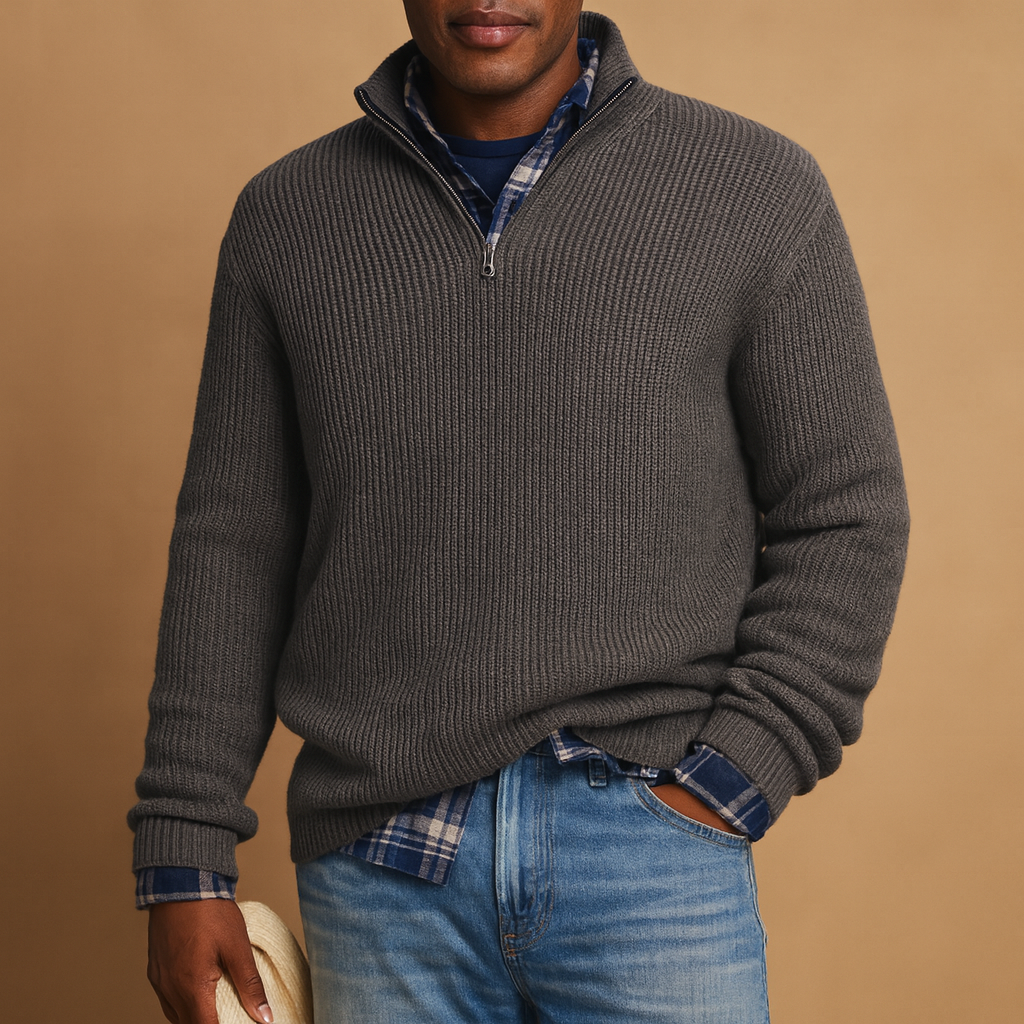 Warm wool sweater for men in dark blue, gray, and beige tones, featuring a timeless design and premium insulation for cold winter days.