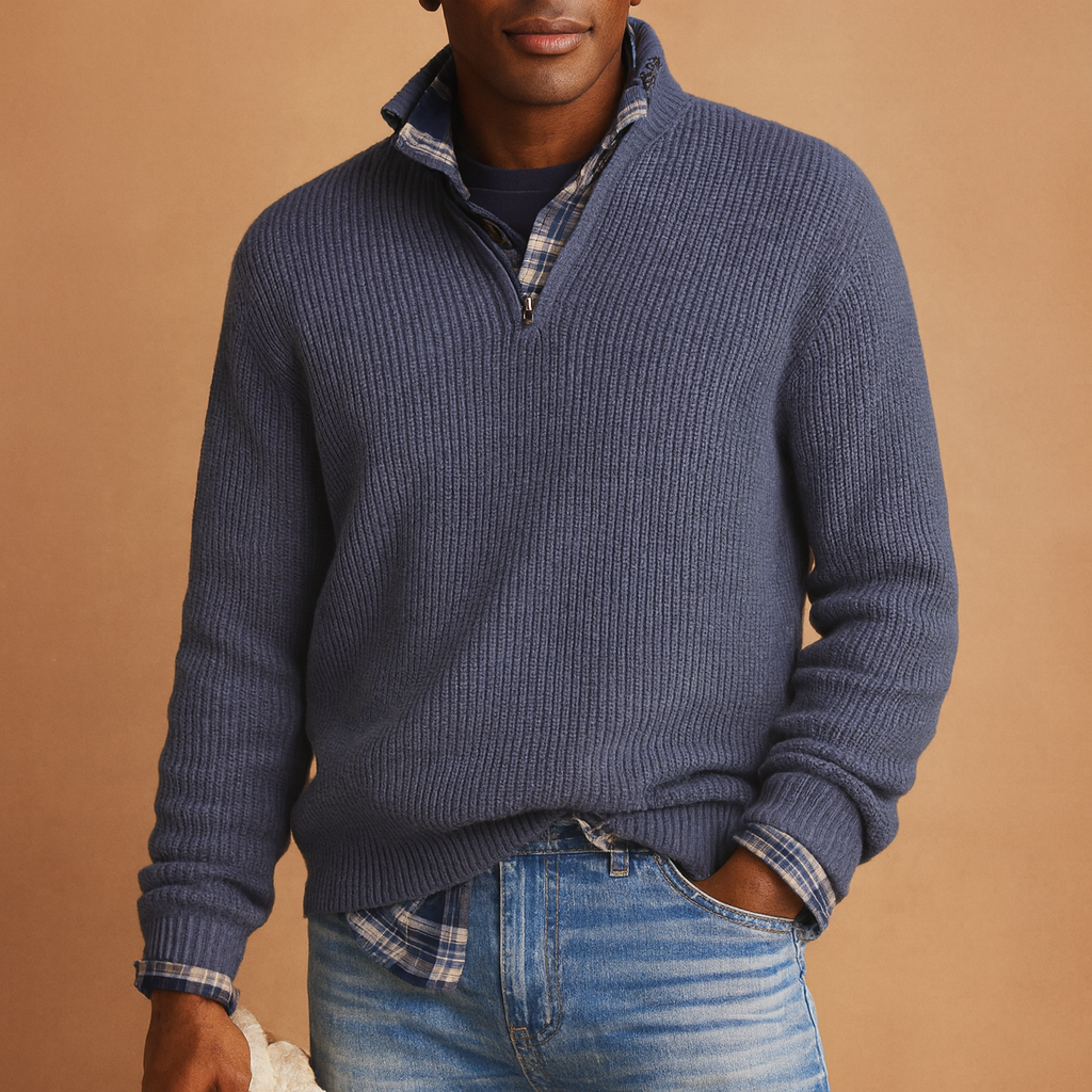 Warm wool sweater for men in dark blue, gray, and beige tones, featuring a timeless design and premium insulation for cold winter days.