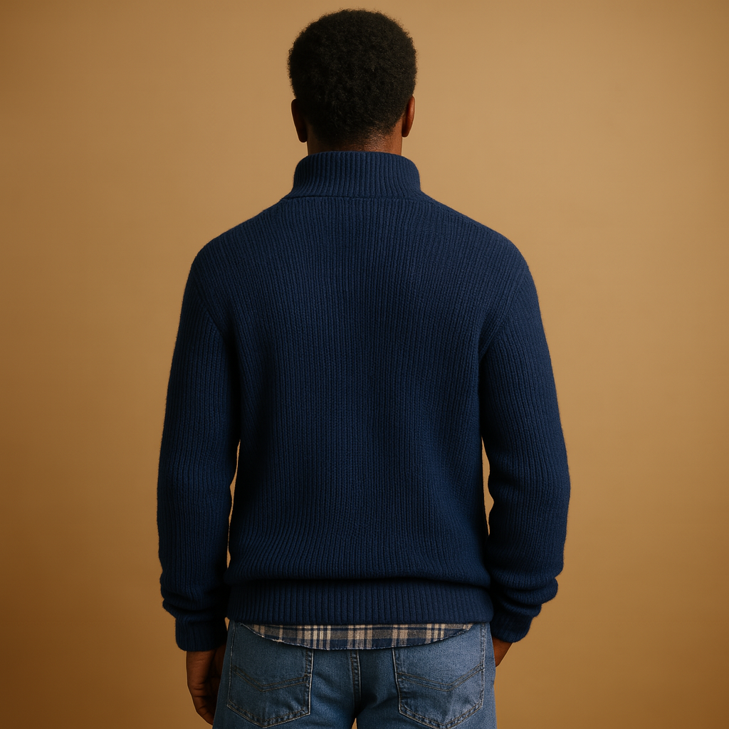 Warm wool sweater for men in dark blue, gray, and beige tones, featuring a timeless design and premium insulation for cold winter days.
