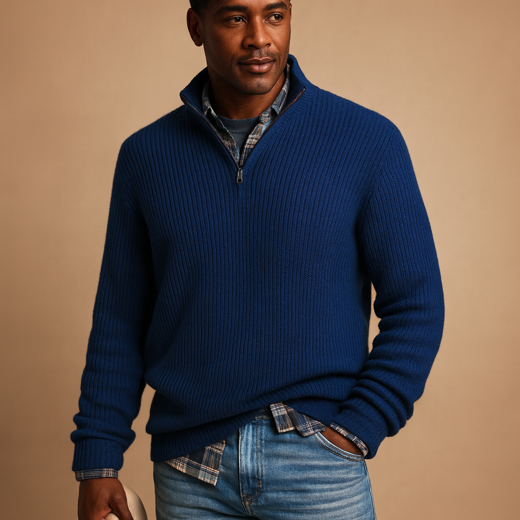 Warm wool sweater for men in dark blue, gray, and beige tones, featuring a timeless design and premium insulation for cold winter days.