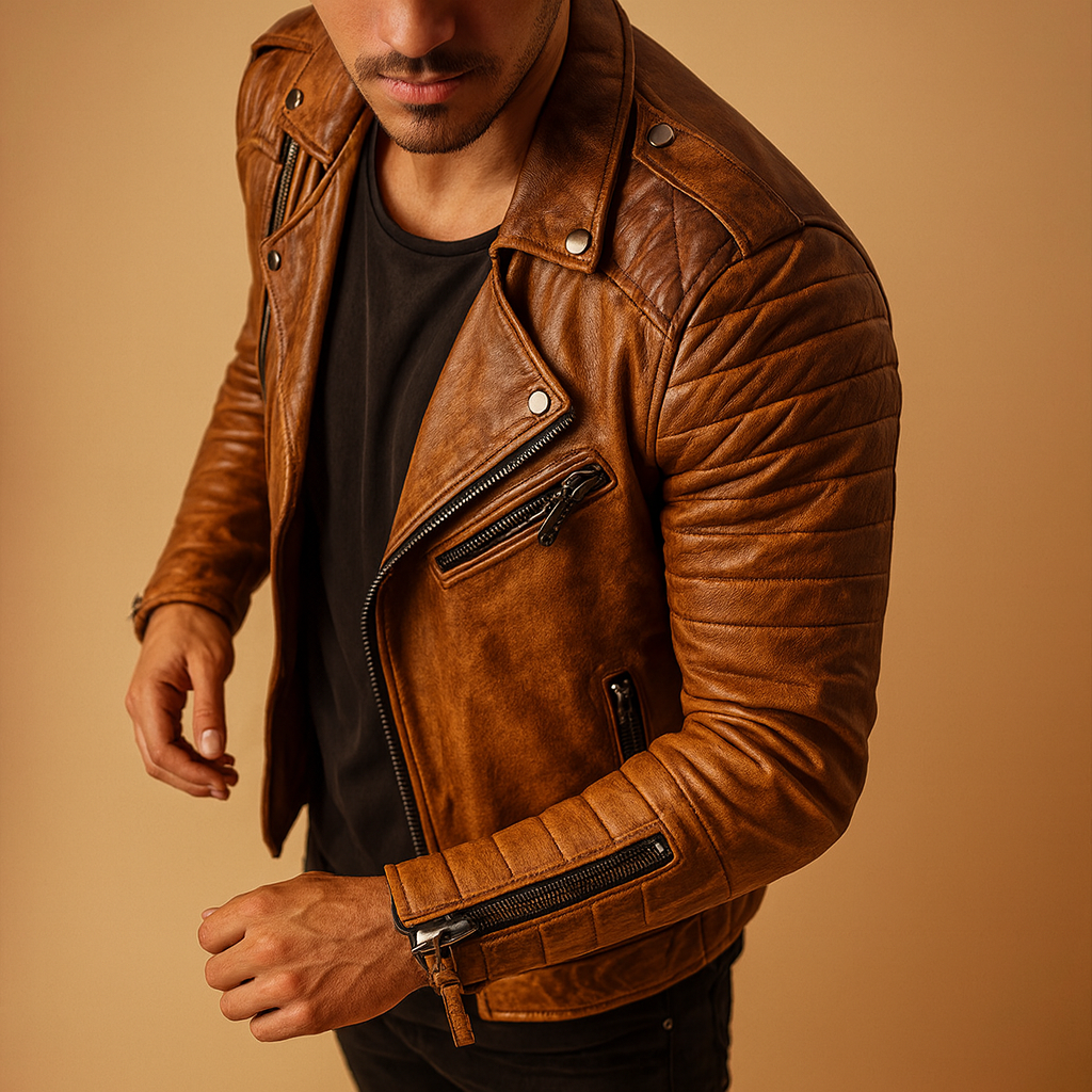 Waterproof biker jacket for men with wind-resistant design and soft lining, ideal for cold, rainy, and windy days in any season.