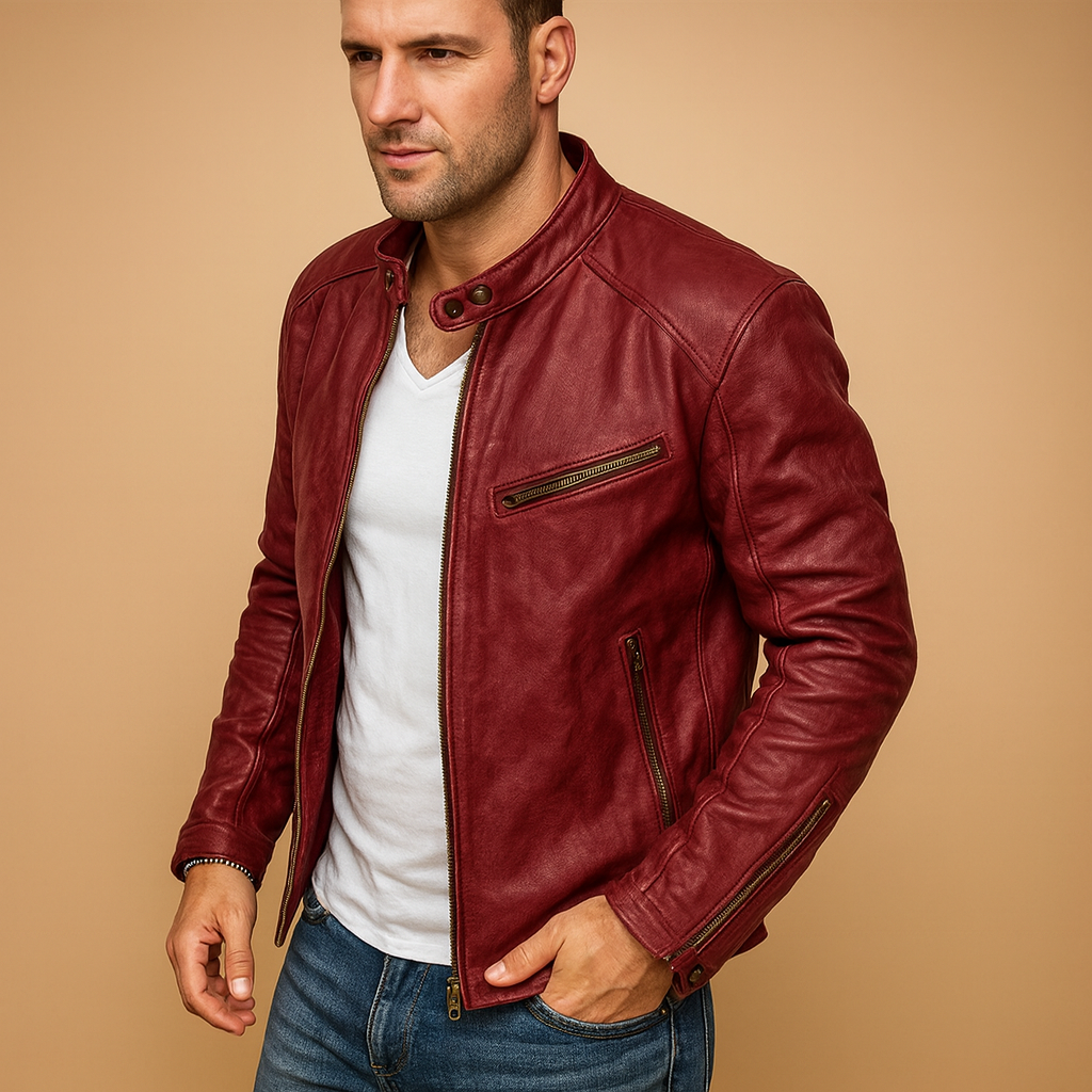 Men’s waterproof biker jacket with zipper closure, breathable design, and tailored fit, perfect for urban and everyday wear.