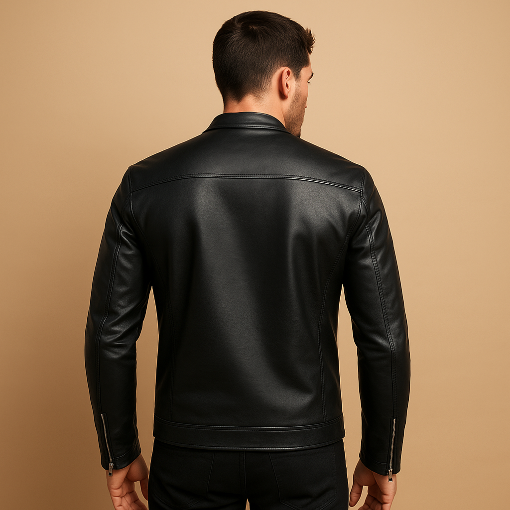 Men’s waterproof black biker jacket with tailored fit and soft inner lining, perfect for motor rides and casual everyday wear.