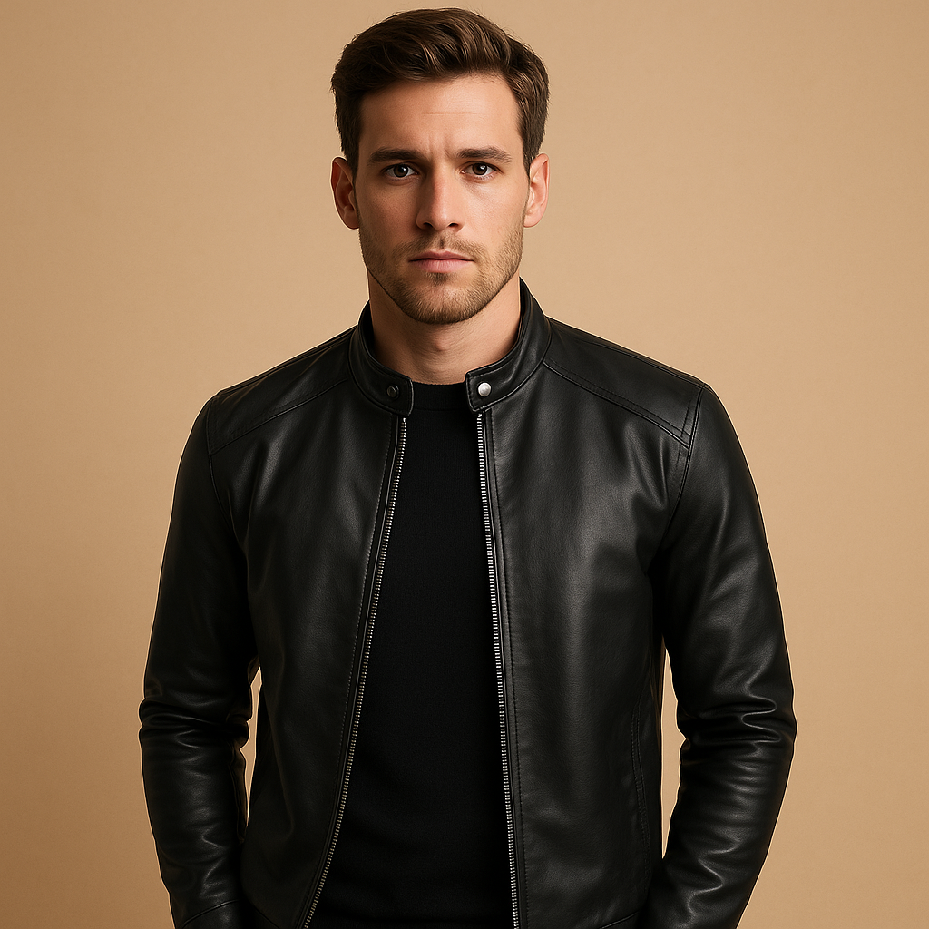 Men’s waterproof black biker jacket with tailored fit and soft inner lining, perfect for motor rides and casual everyday wear.
